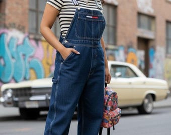 Vtg 00s Tommy Hilfiger 100% katoenen denim overalls slabbetjes Logo bandjes L Streetwewar