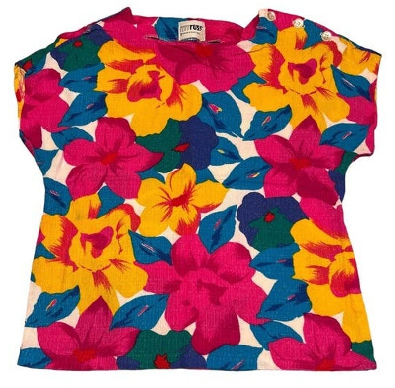 Vtg 80s Cap Sleeve Floral Hawaiian Button Shoulder Blouse Top Shirt Sz S Pink