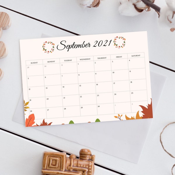 September Calendar | 2021 Planner | Simple | Minimalistic | Digital Download | Printable pdf