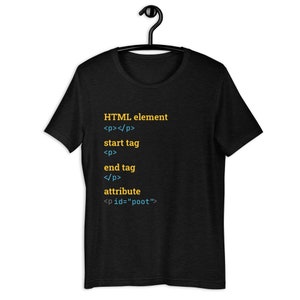 Puede incluir: Camiseta negra con texto amarillo y azul que dice "HTML element <p></p> start tag <p> end tag </p> attribute <p id="poot">"