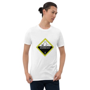 May include: White t-shirt with a black and yellow warning sign that says "Accessibility Overlay" with an exclamation point. The sign has symbols for a computer screen, an eye, and a hand.