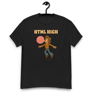 May include: Black t-shirt with the text "HTML HIGH" in orange letters. The shirt features a cartoon illustration of a person blowing a bubblegum bubble. The person is wearing a patterned shirt and blue pants.