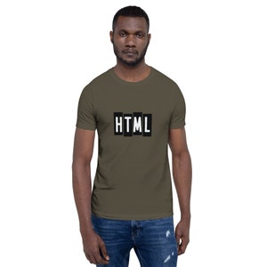 May include: A dark green t-shirt with the word "HTML" printed in white letters on a black background.