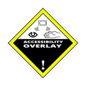 Könnte beinhalten: Ein gelbes, rautenförmiges Warnschild mit einem schwarzen Ausrufezeichen in der Mitte. Das Schild hat weißen Text, der "ACCESSIBILITY OVERLAY" lautet, und enthält Symbole für ein Telefon, ein Auge und eine Hand.