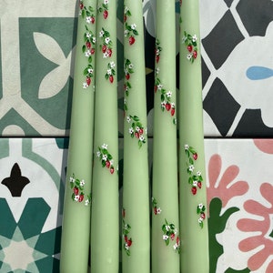 Ivory or Green Hand Painted Strawberry Taper Candles. Party, Birthday Celebrations. Home Decorations. Spring. Gifts. Wedding image 4