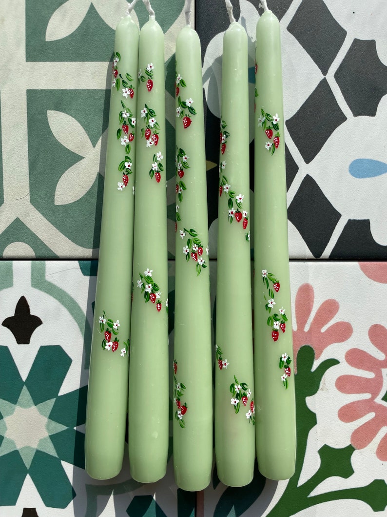 Ivory or Green Hand Painted Strawberry Taper Candles. Party, Birthday Celebrations. Home Decorations. Spring. Gifts. Wedding image 4