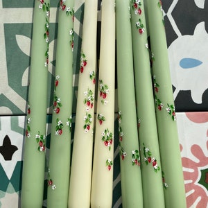 Ivory or Green Hand Painted Strawberry Taper Candles. Party, Birthday Celebrations. Home Decorations. Spring. Gifts. Wedding image 8
