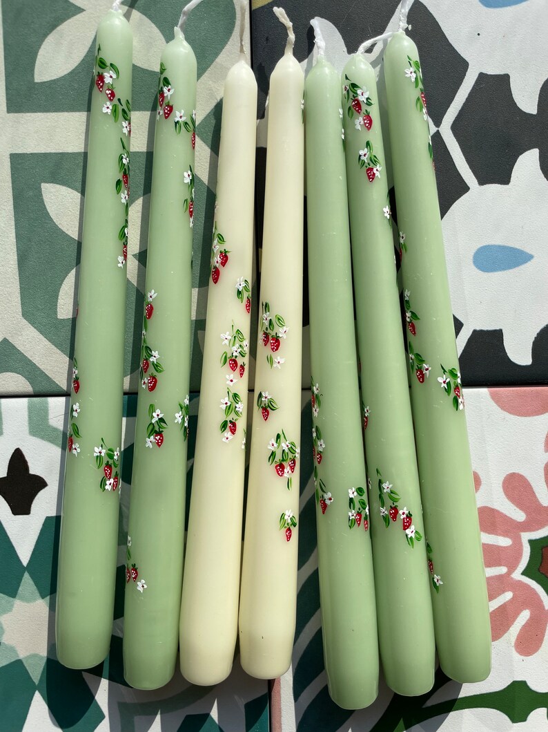 Ivory or Green Hand Painted Strawberry Taper Candles. Party, Birthday Celebrations. Home Decorations. Spring. Gifts. Wedding image 8