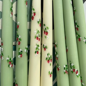 Ivory or Green Hand Painted Strawberry Taper Candles. Party, Birthday Celebrations. Home Decorations. Spring. Gifts. Wedding image 2