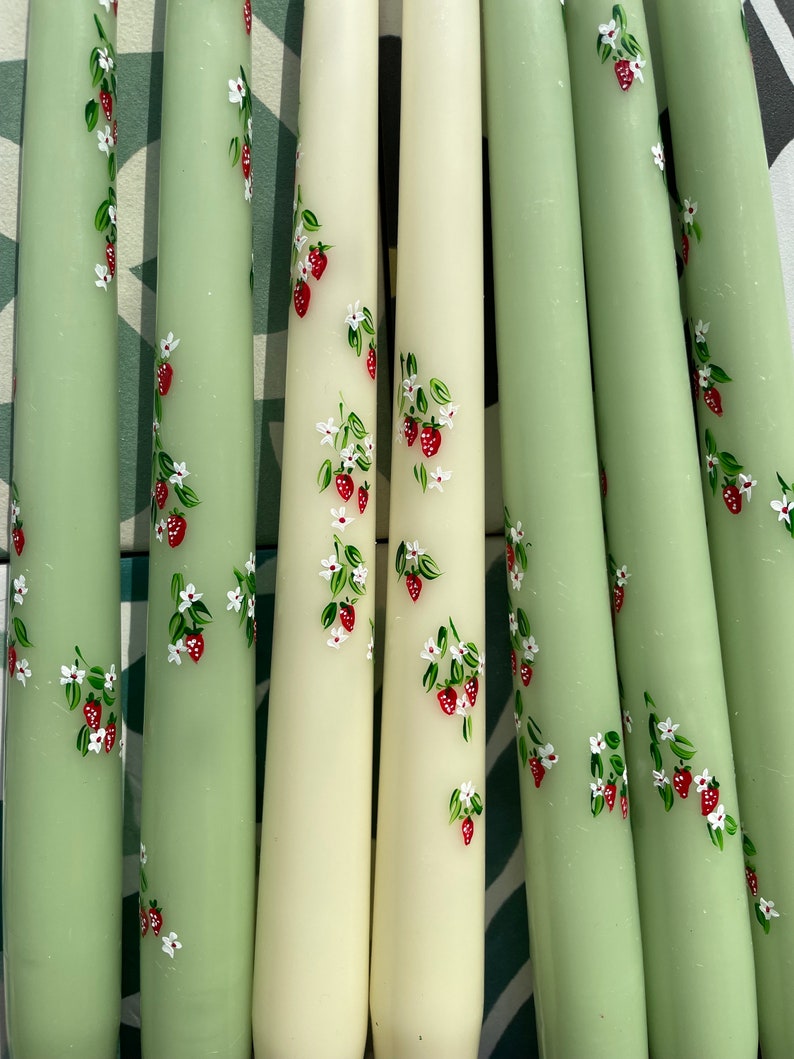 Ivory or Green Hand Painted Strawberry Taper Candles. Party, Birthday Celebrations. Home Decorations. Spring. Gifts. Wedding image 2