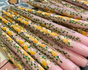 Pink Lemon and White Rose Taper Candles - Rose Lemons. Candles. Painted candles. Gifts.