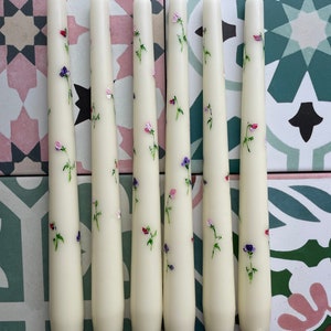 Ivory Hand Painted Sweet Pea Floral Candles- Painted Candles. Birthday. Bespoke Candles. Home Decor. Gifts. Party. Wedding
