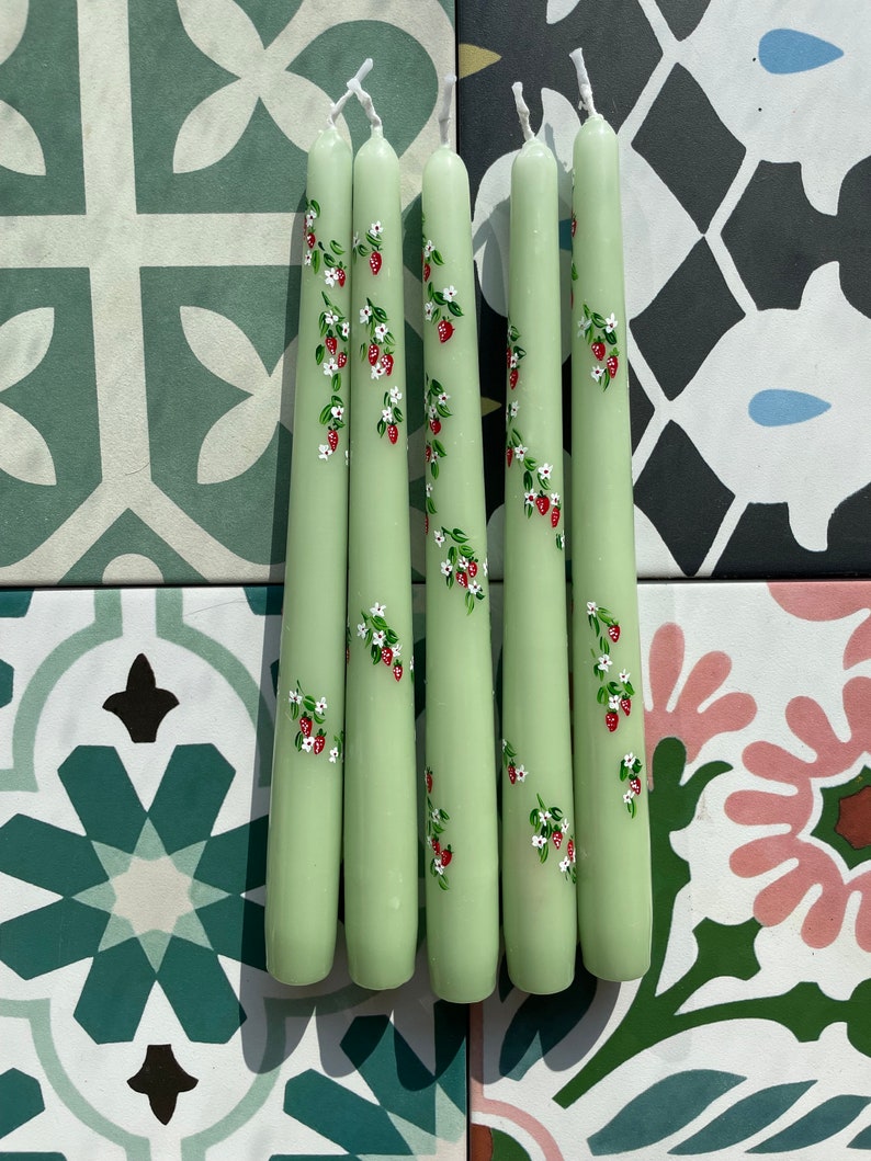 Ivory or Green Hand Painted Strawberry Taper Candles. Party, Birthday Celebrations. Home Decorations. Spring. Gifts. Wedding image 5