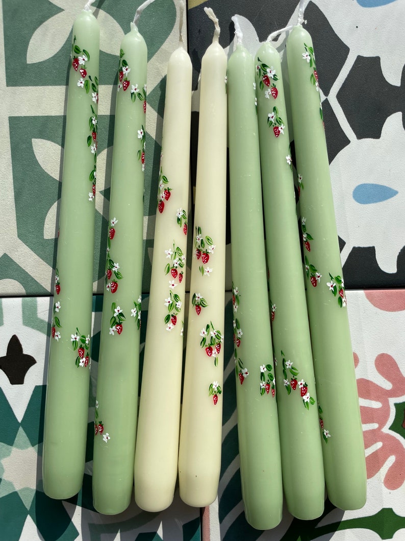 Ivory or Green Hand Painted Strawberry Taper Candles. Party, Birthday Celebrations. Home Decorations. Spring. Gifts. Wedding image 1