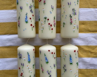 Ivory Wild Flower Pillar Candle. Painted Candles. Gifts. Decoration. Flowers. Mothers Day. Spring.