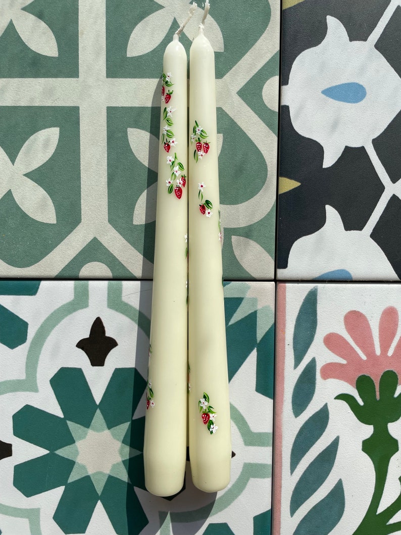 Ivory or Green Hand Painted Strawberry Taper Candles. Party, Birthday Celebrations. Home Decorations. Spring. Gifts. Wedding image 3