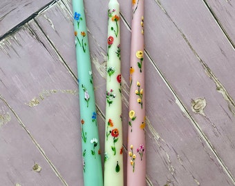 Hand Painted Bright Summer Floral Candles Blue or Pink- Painted Candles. Birthday. Bespoke Candles. Home Decor. Gifts. Party. Wedding