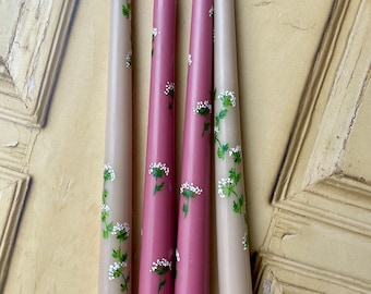 Hand Painted Cow Parsley Floral Candles Taupe or Pink- Painted Candles. Birthday. Bespoke Candles. Home Decor. Gifts. Party. Wedding