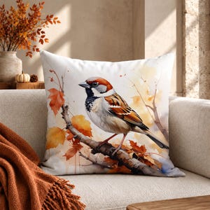Federa per cuscino decorativo con uccellini e scoiattoli autunnali, tendenza autunnale / Copricuscino rustico per divano / Federa per cuscino da veranda / Decorazione per il Ringraziamento / Accogliente complemento d'arredo