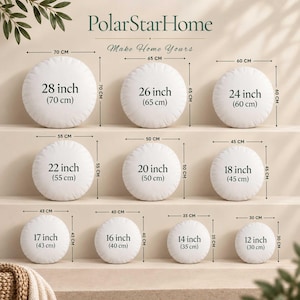 May include: A collection of nine white round pillows arranged in three rows, each labeled with its diameter in inches and centimeters, ranging from 12 inches to 28 inches. The text PolarStarHome Make Home Yours is displayed at the top.