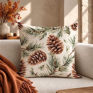 May include: A square throw pillow featuring a cream-colored background with a repeating pattern of brown pinecones and green pine needles. The design covers the entire front surface of the pillow, showcasing detailed botanical illustrations of coniferous elements.