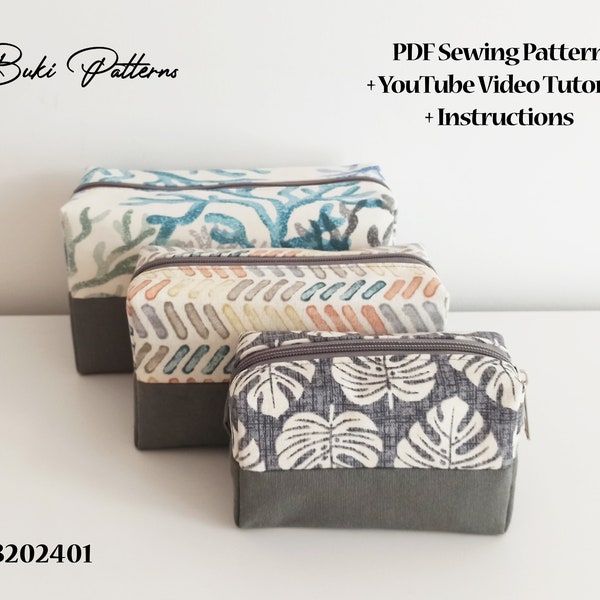 Make-up Bag PDF Sewing Patterns (3 Sizes) with Youtube Video Tutorial, Zippered Cosmetic Bag Printable PDF Pattern (for A1, A4, Letter)