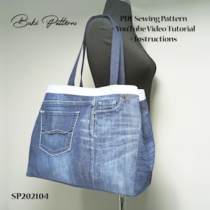 Patrón de costura en PDF para bolso de hombro de mezclilla, patrón de bolso de mezclilla con videotutorial, plantilla de bolso grande, patrón de costura de bolso de mano (para A1, A4, Carta)