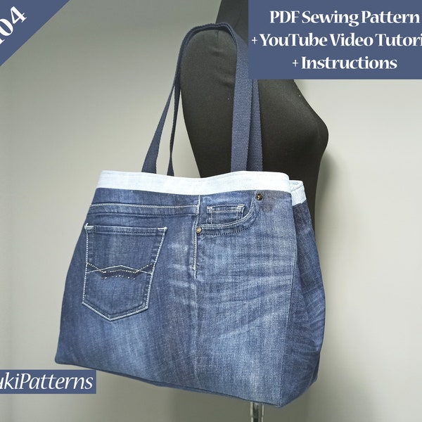 Denim Shoulder Bag PDF Sewing Pattern, Denim Bag Pattern with Video Tutorial, Big Bag Template, Handbag Sewing Pattern (for A1,A4,Letter)