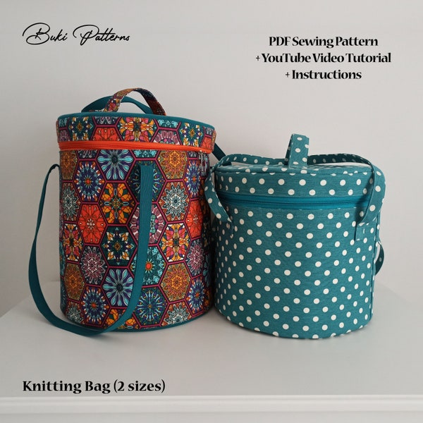 Travel Knitting Bag Sewing Pattern (2 sizes), Yarn Holder for Crocheting, Crochet and Needles Accessories Bag PDF Sewing Pattern