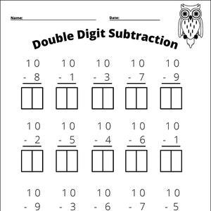 Puede incluir: Una hoja de trabajo con el título "Double Digit Subtraction" y una serie de problemas de matemáticas para que los estudiantes resuelvan. Los problemas consisten en restar números de dos dígitos de otros números de dos dígitos.