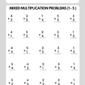 Könnte beinhalten: Ein Arbeitsblatt mit gemischten Multiplikationsaufgaben (1-5) in schwarzer Schrift. Es enthält Felder für Name, Klasse und Datum. Die Aufgaben sind in Zeilen und Spalten angeordnet.