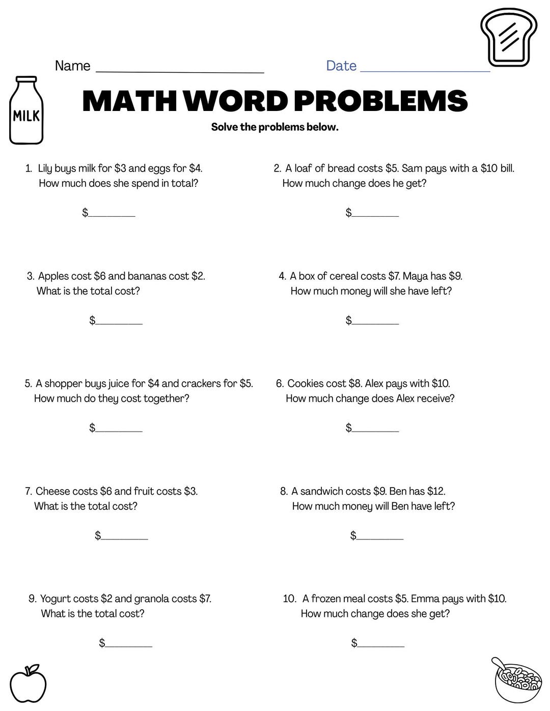 Grocery Store Math Word Problems / Printable Worksheet / Money Math PDF ...