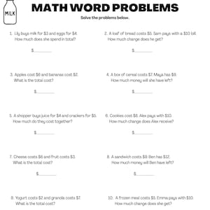 May include: A black and white worksheet titled "MATH WORD PROBLEMS" with ten addition and subtraction problems. Includes illustrations of a milk carton, bread, an apple, and a bowl of cereal.