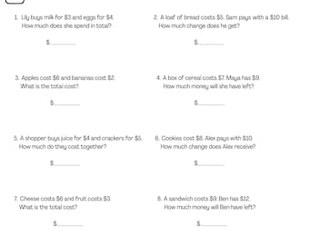 May include: A black and white worksheet titled "MATH WORD PROBLEMS" with ten addition and subtraction problems. Includes illustrations of a milk carton, bread, an apple, and a bowl of cereal.
