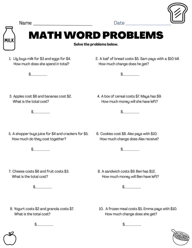 Grocery Store Math Word Problems / Printable Worksheet / Money Math PDF ...