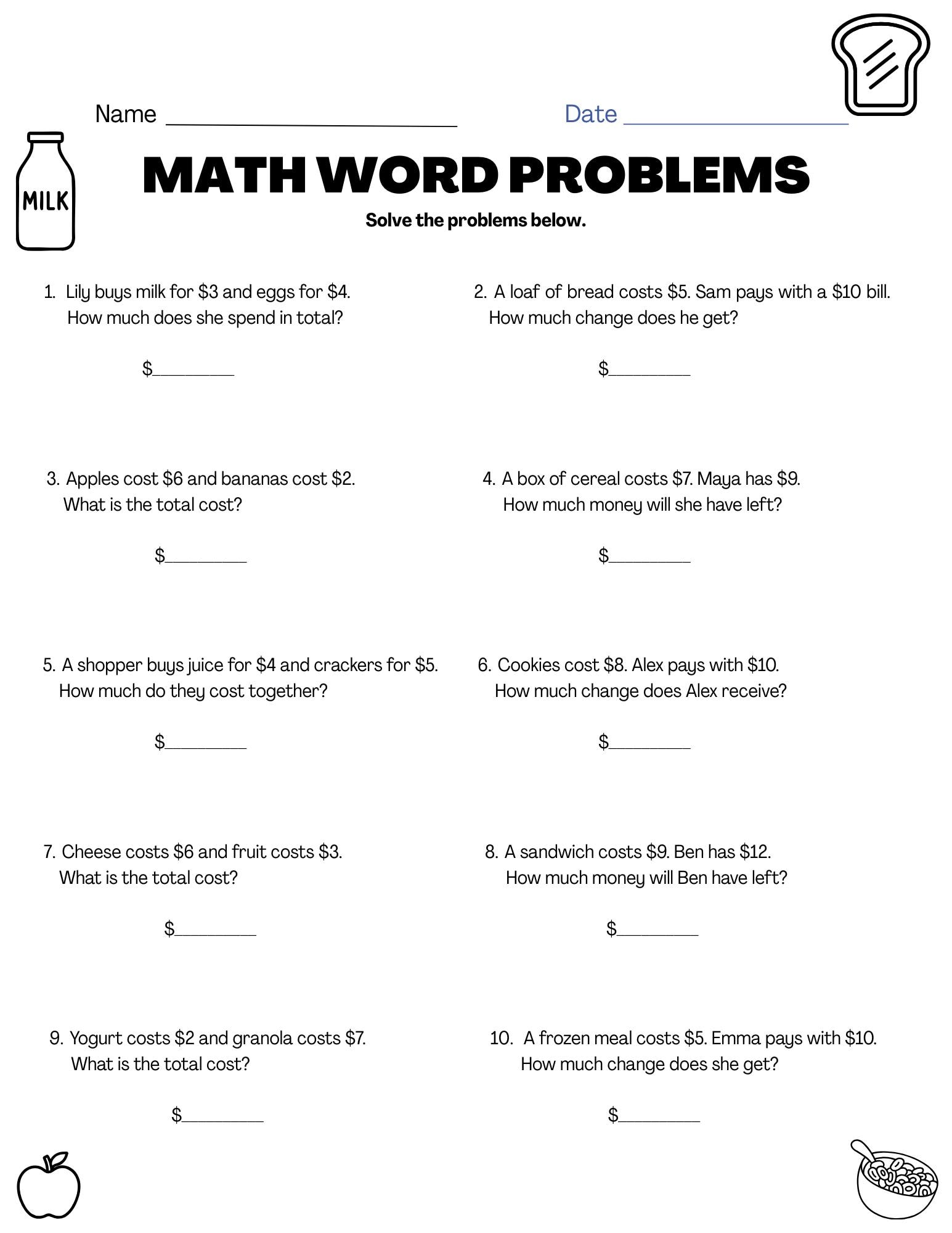 Grocery Store Math Word Problems / Printable Worksheet / Money Math PDF ...