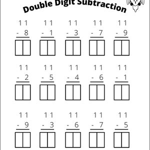 May include: A worksheet with the title "Double Digit Subtraction" and a black and white illustration of an owl. The worksheet has 15 math problems with two-digit numbers to subtract from 11.