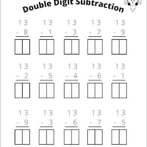 May include: A worksheet with the title "Double Digit Subtraction" and a black and white illustration of an owl. The worksheet has 15 math problems with two-digit numbers to subtract from 13.
