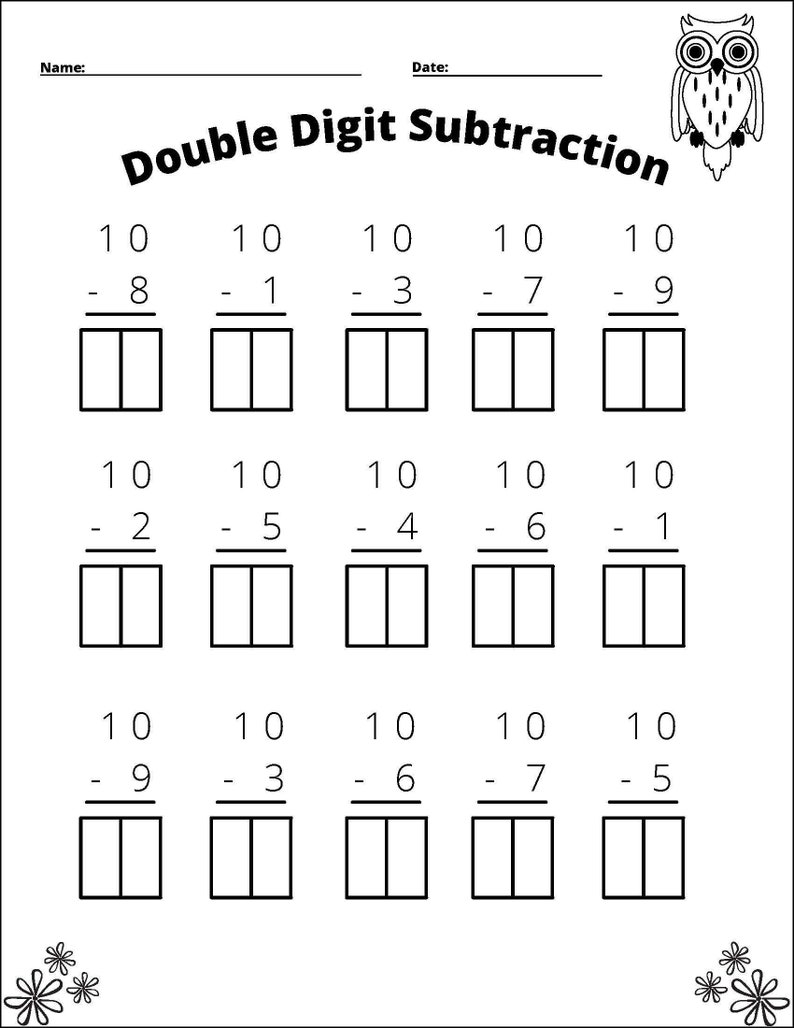May include: A worksheet with the title "Double Digit Subtraction" and a series of math problems for students to solve. The problems involve subtracting two-digit numbers from other two-digit numbers.