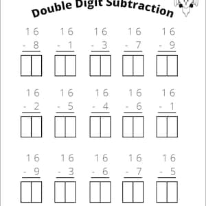 May include: A worksheet with the title "Double Digit Subtraction" and a series of math problems involving subtracting two-digit numbers from 16. The worksheet features a cartoon owl at the top.