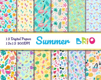 Summer Digital Paper Set/ Beach Digital Paper/ Fruits Digital Paper/ Flamingo Floats Paper/ Ice Cream paper Instant Download