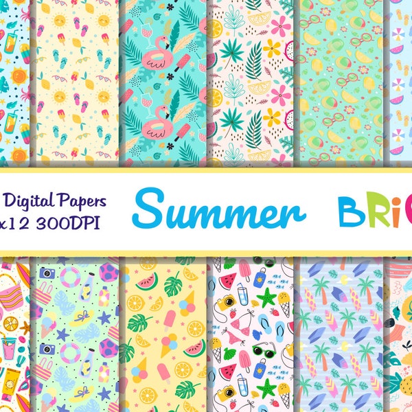 Summer Digital Paper Set/ Beach Digital Paper/ Fruits Digital Paper/ Flamingo Floats Paper/ Ice Cream paper Instant Download