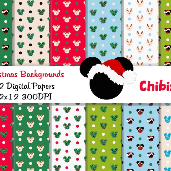 Mickey Christmas 12 Digital Papers Set/ Mickey Head Paper/ Mickey Hands Paper/ Instant Download