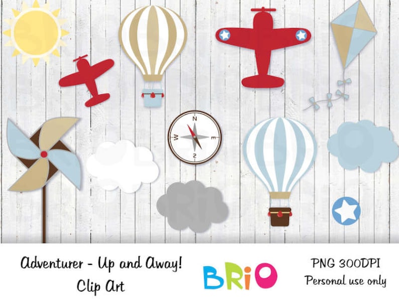 May include: A collection of whimsical clip art elements featuring a red airplane, hot air balloons, a kite, clouds, a compass, a pinwheel, and a sun. The text "Adventurer - Up and Away! Clip Art" is also included.