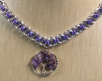 Collar colgante de cota de malla del árbol de la vida de amatista, colgante de amatista real, collar de amatista natural, collar púrpura, joyería del árbol de la vida