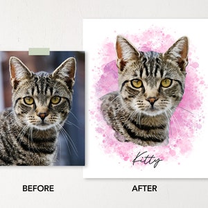 May include: A before and after image of a cat. The original image shows a tabby cat looking at the camera. The after image shows a watercolor painting of the cat with a pink background and the word "Kitty" written below the cat.