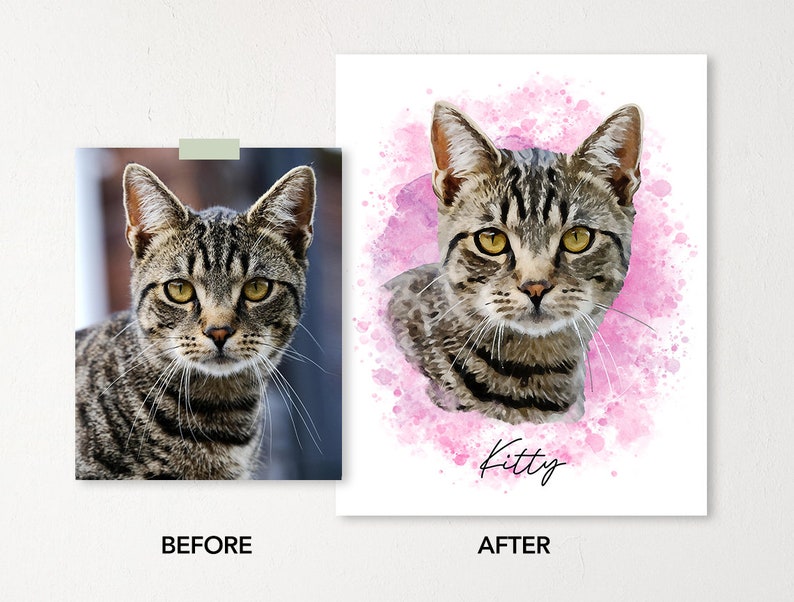 May include: A before and after image of a cat. The original image shows a tabby cat looking at the camera. The after image shows a watercolor painting of the cat with a pink background and the word "Kitty" written below the cat.