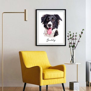 May include: A framed watercolor painting of a black and white dog with a pink tongue sticking out. The dog's name, "Buddy", is written in cursive below the image.