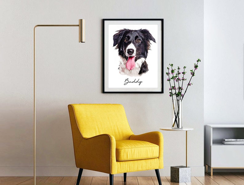 May include: A framed watercolor painting of a black and white dog with a pink tongue sticking out. The dog's name, "Buddy", is written in cursive below the image.