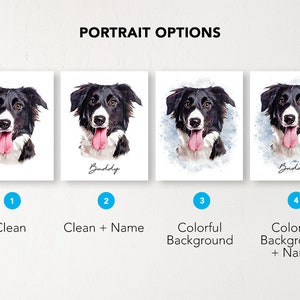 May include: Four portrait options for a pet portrait. The first option shows a black and white dog with a white background. The second option shows the same dog with a white background and the name "Buddy" written below. The third option shows the dog with a blue and white watercolor background. The fourth option shows the dog with a blue and white watercolor background and the name "Buddy" written below.